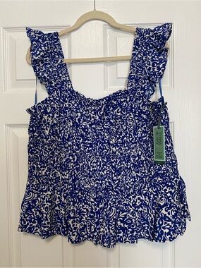 Blue and White Smocked Ruffle Strap Tank Top New w/Tags